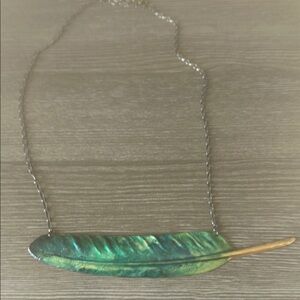 Green and Gold Feather Pendant Necklace